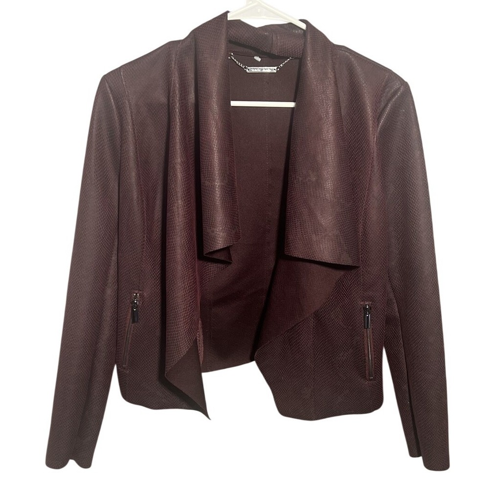 WHBM Women's Burgundy Snakeskin Faux Leather Draped Open Front Jacket XXS